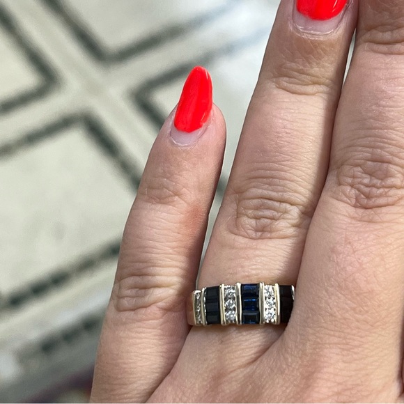 14k White Gold Diamond & Sapphire Band Ring - Picture 4 of 8